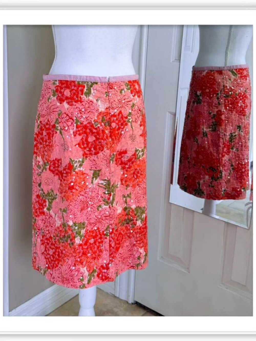 Pink and red floral sequin A-line midi skirt size 6